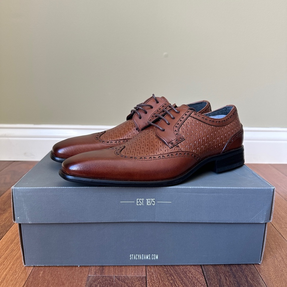 New Stacy Adams Melville Mens 7M Wingtip Oxford Cognac Leather Shoes